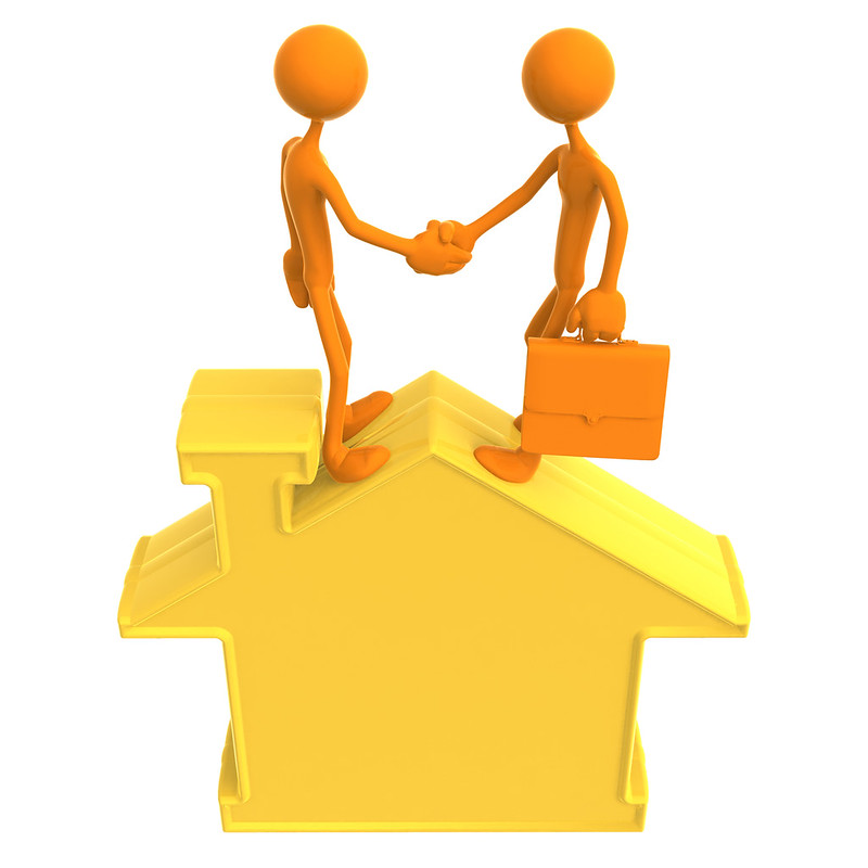 orange figures shaking hands on house
