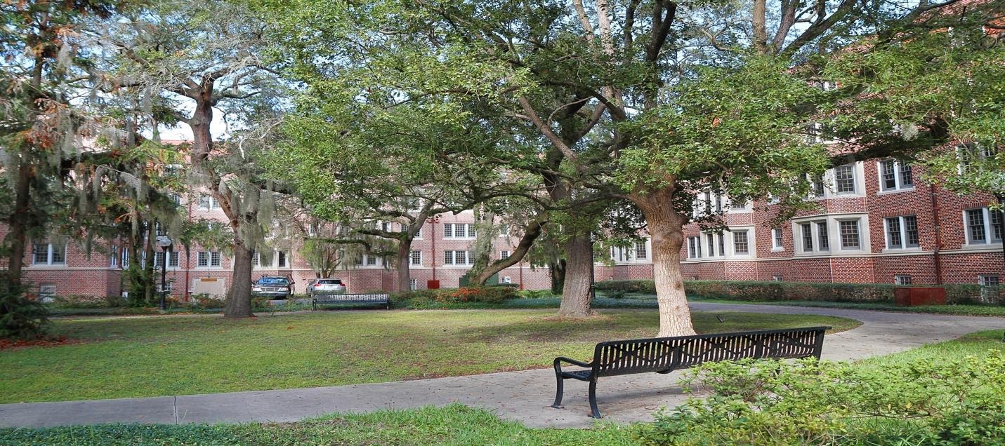 Housing complex with a bench and trees
