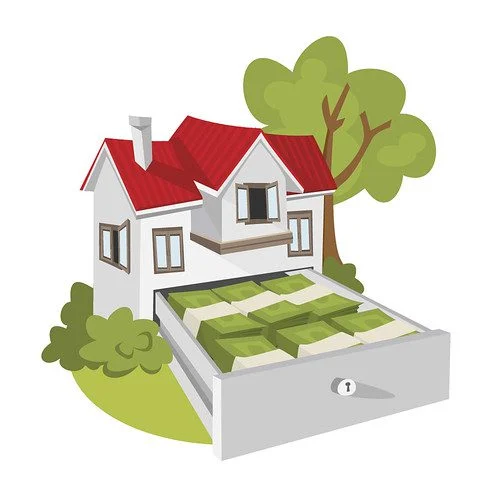 Cartoon depiction of a house portrayed as a cash register with money filling it's drawers.