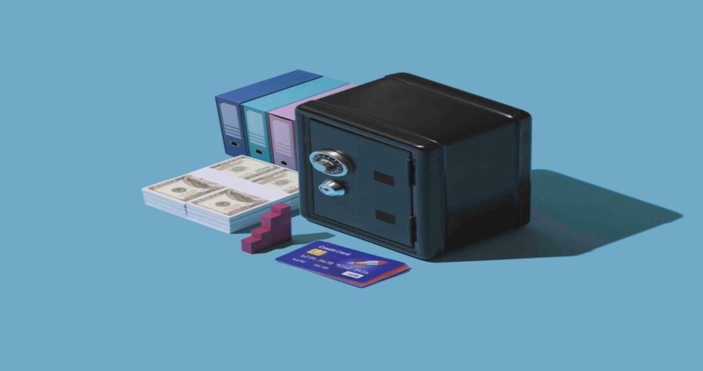 tiny objects on a blue background - a safe, money, stairs