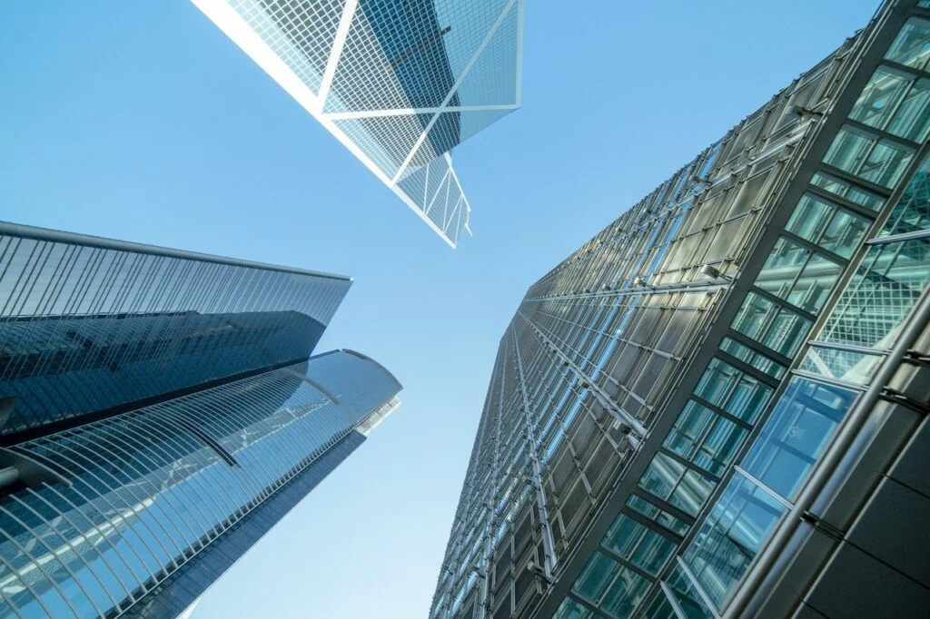 low angle view of skyrise buildings