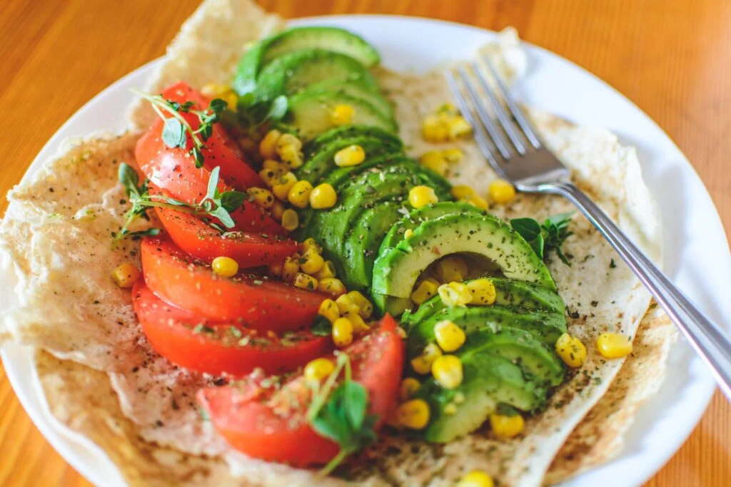 plant based wrap spread on a dinner plate